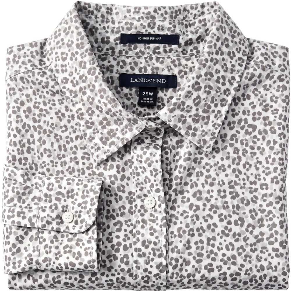 Lands End No Iron Supima Cotton Shirt Womens 26W Plus Gray Cheetah Button Up LS
